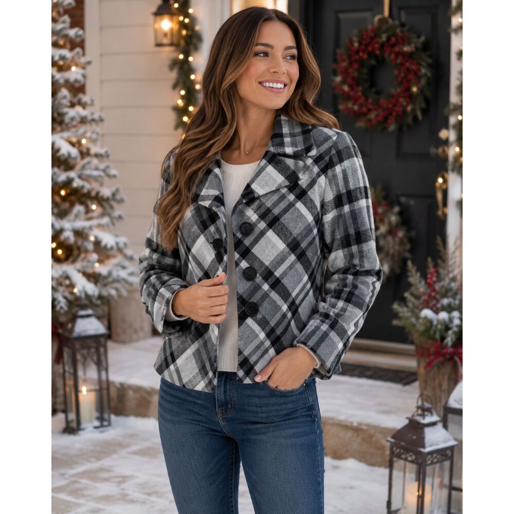 Nine West Plaid Peacoat Jacket Gray Black White Wool Blend Size 8